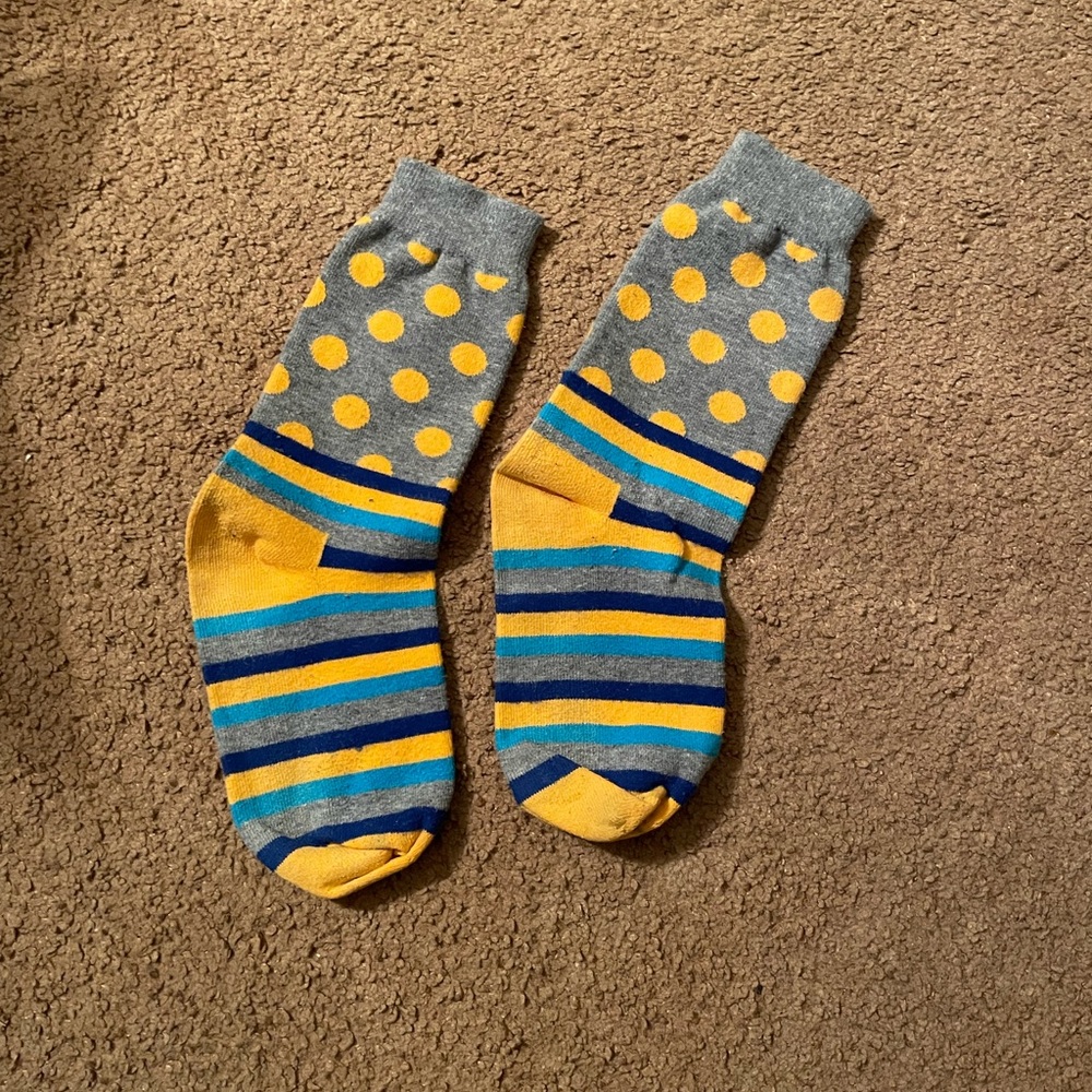 Gray and Yellow Striped and Polka Dot Socks
